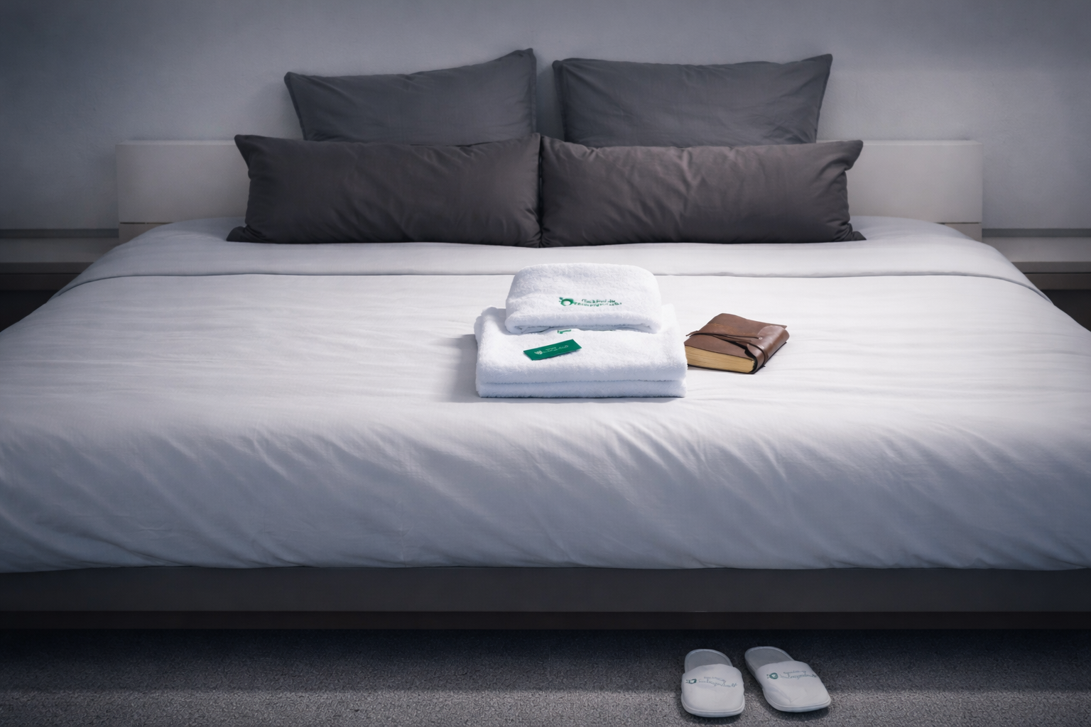 Fleckfrei - Zuverlaessig vorbereitetes Hotelbett mit gebrandeten Handtuechern